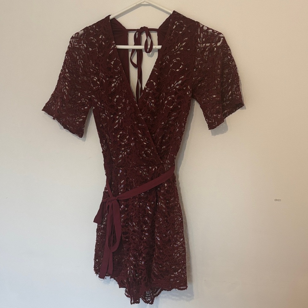 Elegant Lace Wrap Romper in red